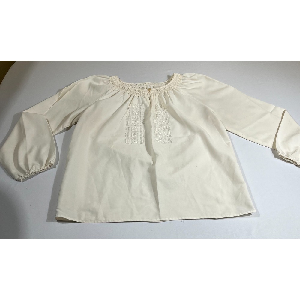 Vintage Cream Smocked Peasant Blouse Boho Cottagecore Embroidered Top Off White